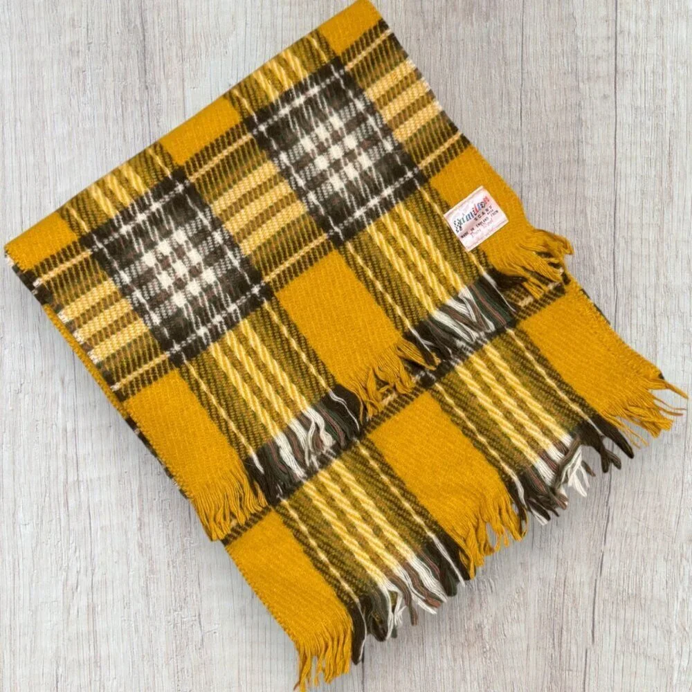 Vintage Hamilton England Wool Tartan Scarf Mustard Green Plaid Fringe Womens